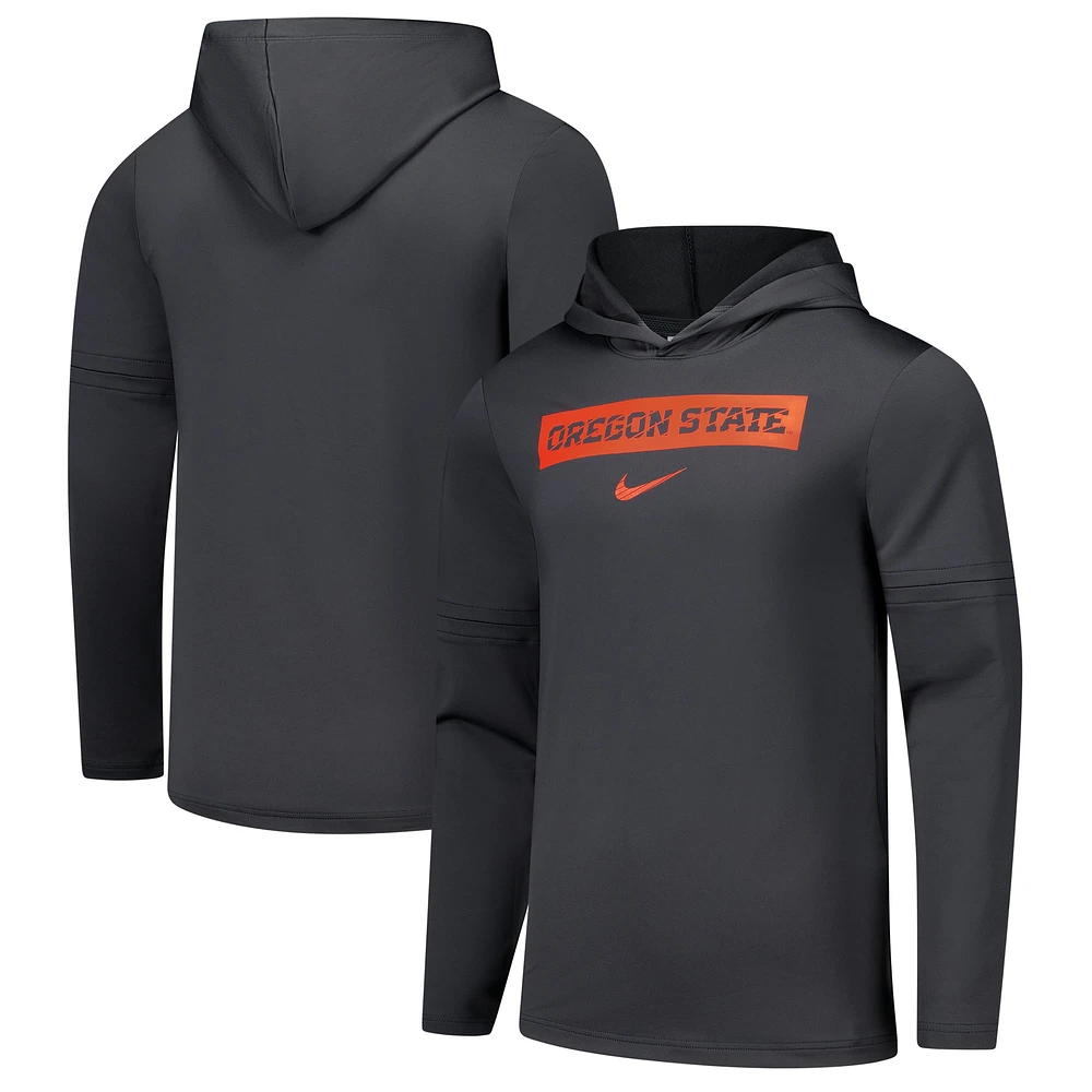 Men's Nike Anthracite Oregon State Beavers 2024 Sideline Performance Long Sleeve Hoodie Top