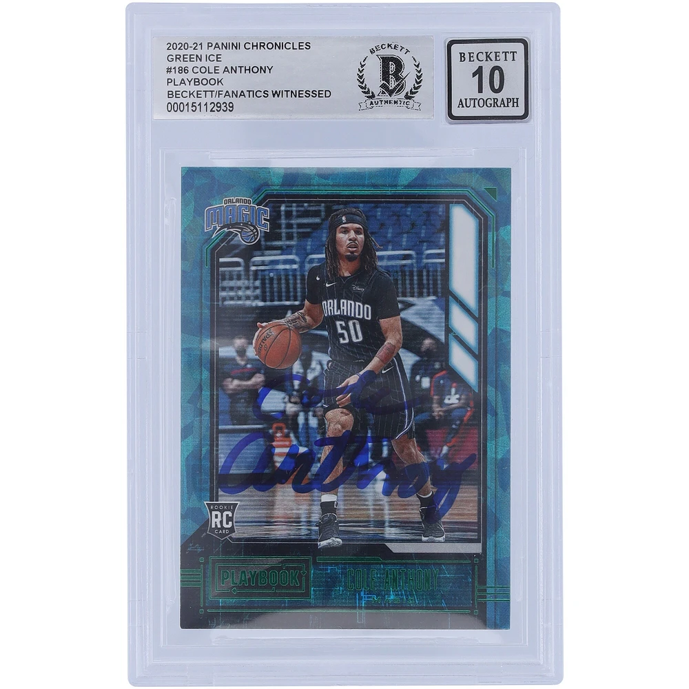 Cole Anthony Orlando Magic Autographed 2020-21 Panini Chronicles Playbook Green Ice Prizm #186 Beckett Fanatics Witnessed Authenticated 10 Rookie Card