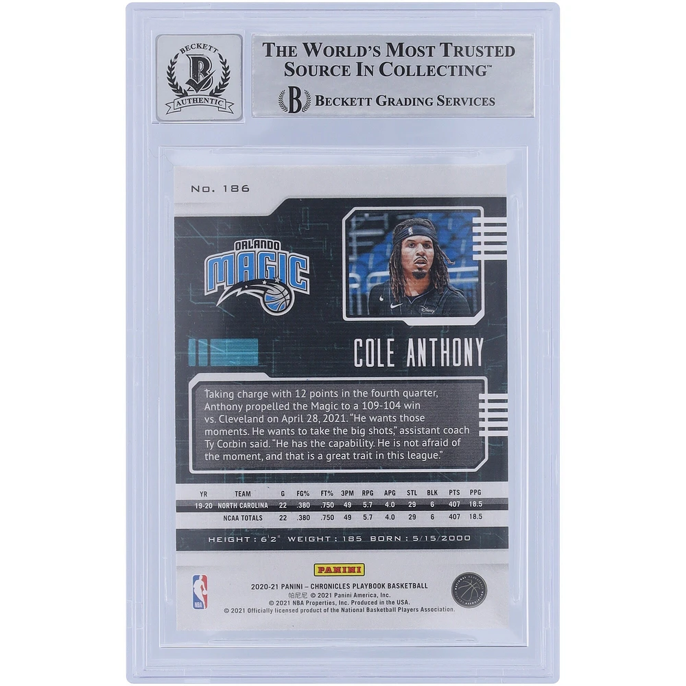 Cole Anthony Orlando Magic Autographed 2020-21 Panini Chronicles Playbook Green Ice Prizm #186 Beckett Fanatics Witnessed Authenticated 10 Rookie Card
