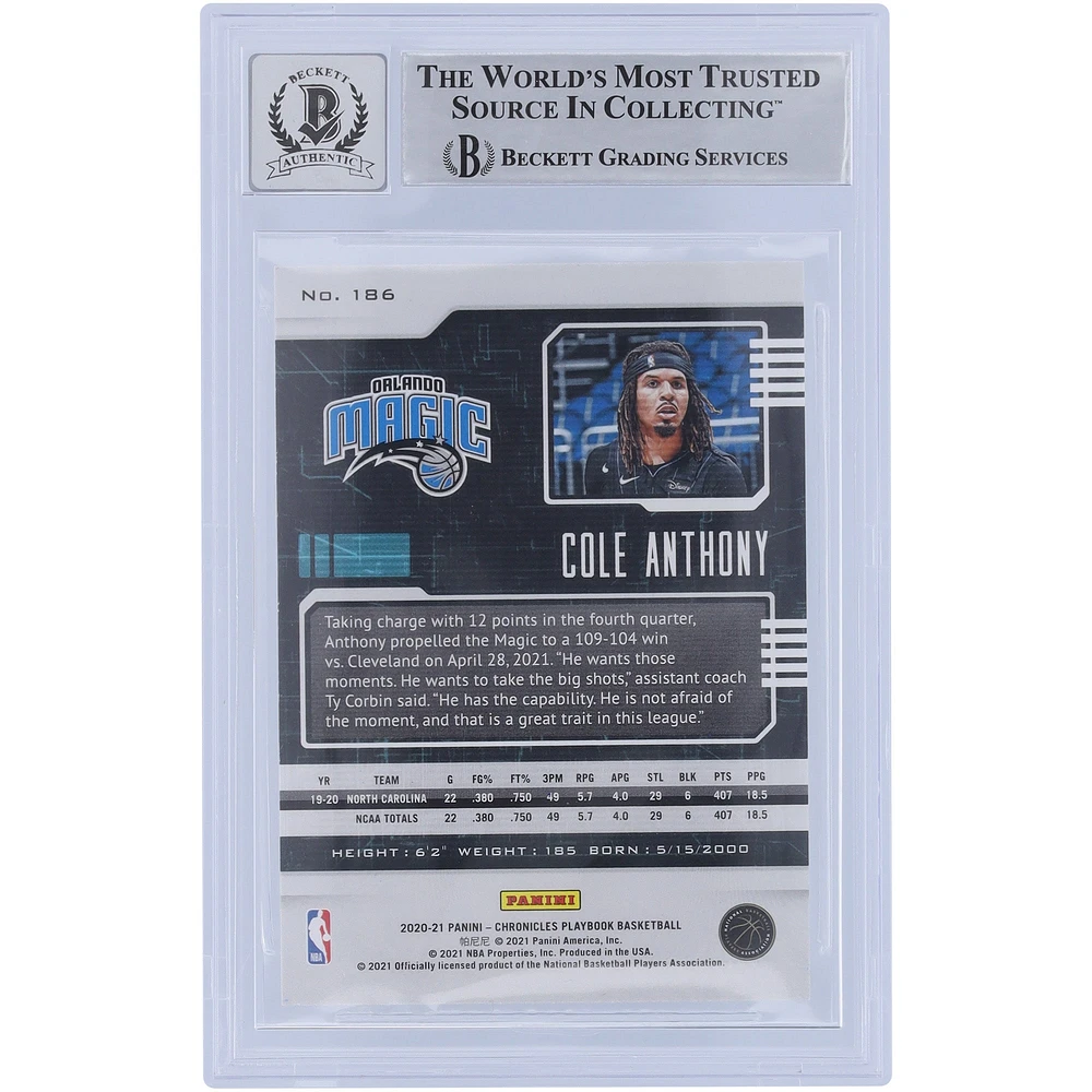 Cole Anthony Orlando Magic Autographed 2020-21 Panini Chronicles Playbook #186 Beckett Fanatics Witnessed Authenticated 10 Rookie Card with "Go Magic" Inscription
