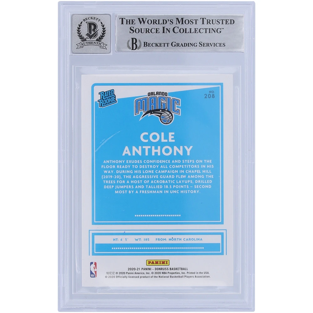 Cole Anthony Orlando Magic autographié 2020-21 Panini Donruss classé Rookie #208 Beckett Fanatics a été témoin d'une carte authentifiée 10 Rookie