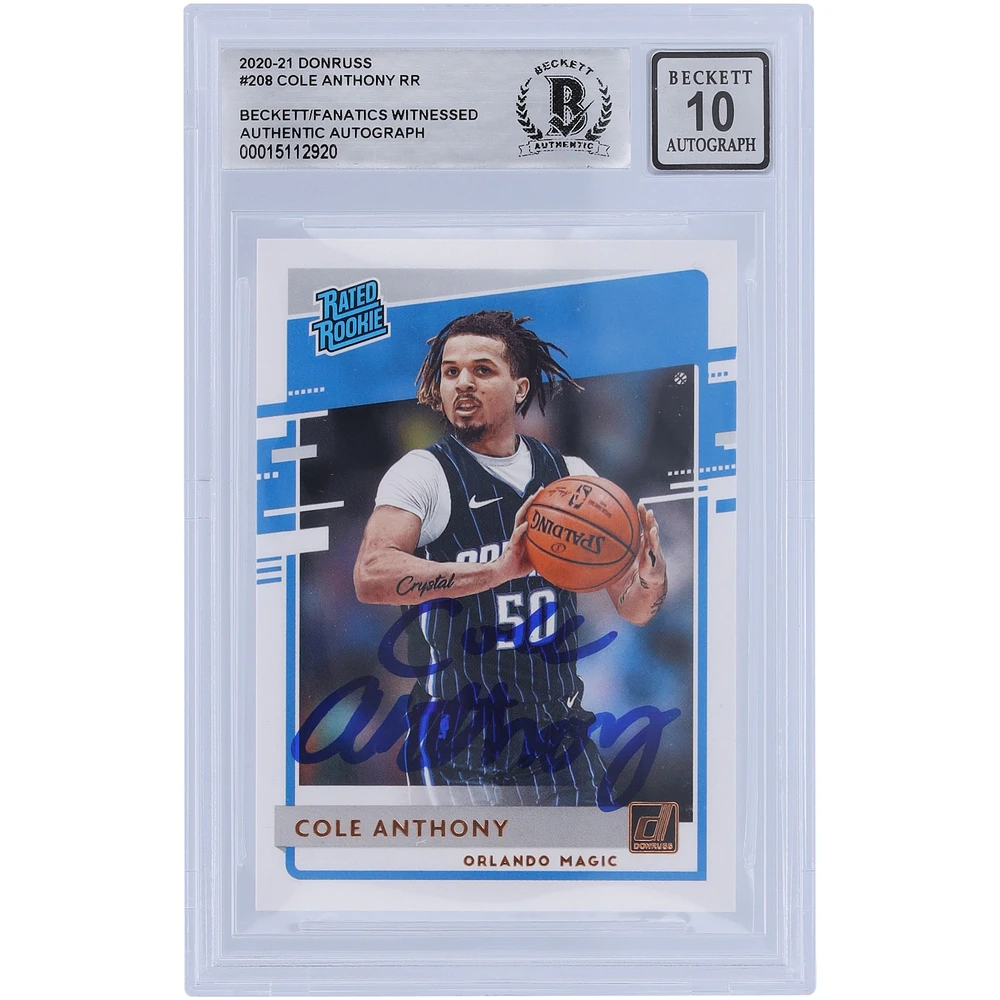 Cole Anthony Orlando Magic autographié 2020-21 Panini Donruss classé Rookie #208 Beckett Fanatics a été témoin d'une carte authentifiée 10 Rookie