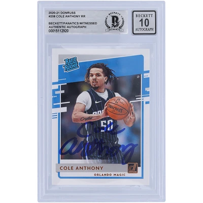 Cole Anthony Orlando Magic autographié 2020-21 Panini Donruss classé Rookie #208 Beckett Fanatics a été témoin d'une carte authentifiée 10 Rookie