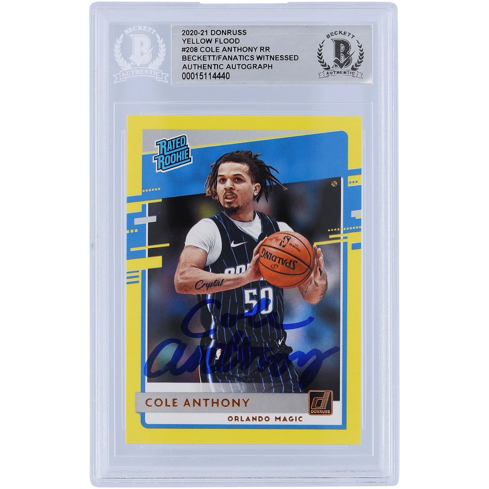 Carte de recrue authentifiée autographiée Cole Anthony Orlando Magic 2020-21 Panini Donruss Yellow Flood Variation #208 Beckett Fanatics