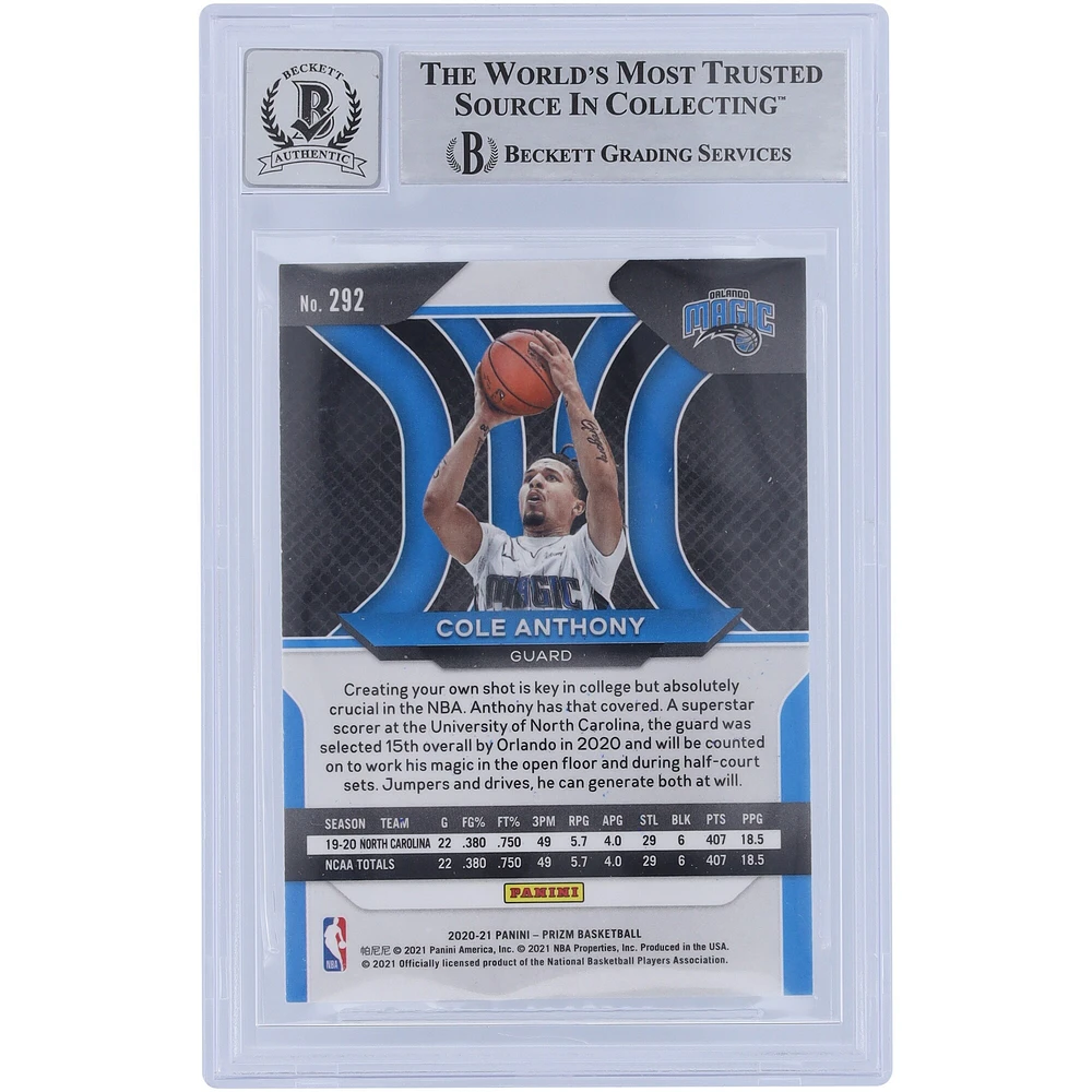 Cole Anthony Orlando Magic Autographed 2020-21 Panini Prizm #292 Beckett Fanatics Witnessed Authenticated 10 Rookie Card with "Go Magic" Inscription