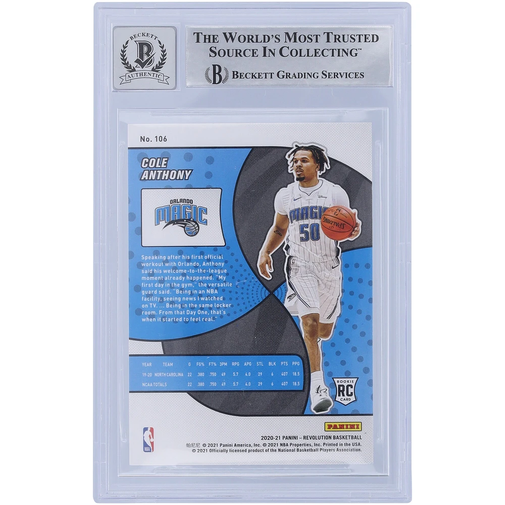Carte de recrue autographiée 2020-21 Panini Revolution #106 Beckett Fanatics Witnessed Authenticated 10 Rookie Card de Cole Anthony Orlando Magic