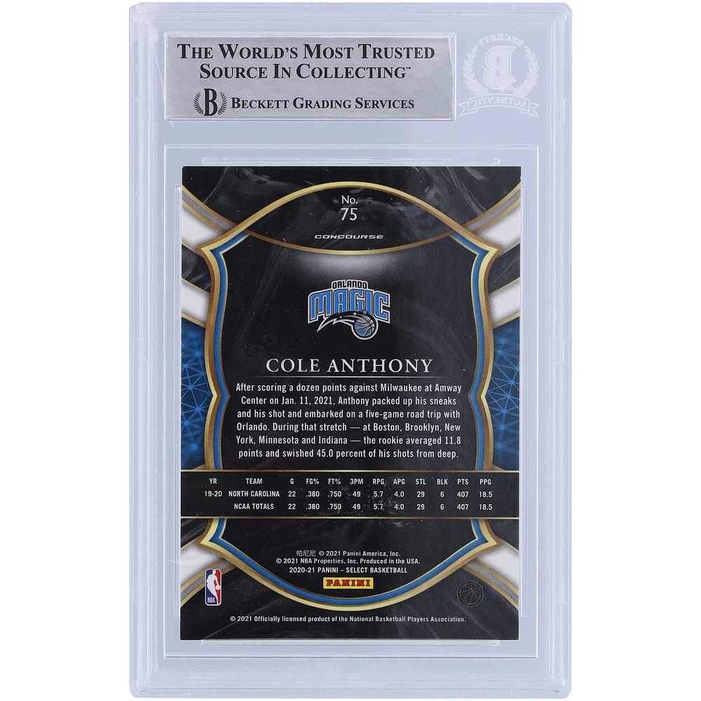 Carte de recrue authentifiée autographiée Cole Anthony Orlando Magic 2020-21 Panini Select Blue Retail Variation #75 Beckett Fanatics Witnessed