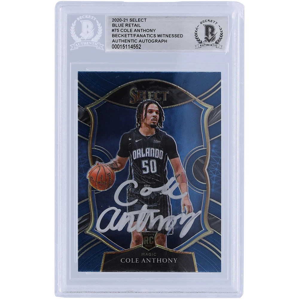 Carte de recrue authentifiée autographiée Cole Anthony Orlando Magic 2020-21 Panini Select Blue Retail Variation #75 Beckett Fanatics Witnessed