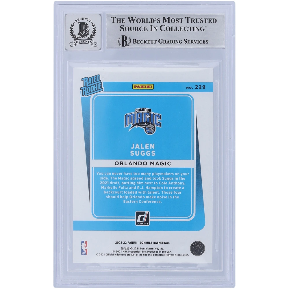 Jalen Suggs Orlando Magic Autographed 2021-22 Panini Donruss Rated Rookie #229 Beckett Fanatics Witnessed Authenticated 10 Rookie Card with "2021 #5 Pick" Inscription