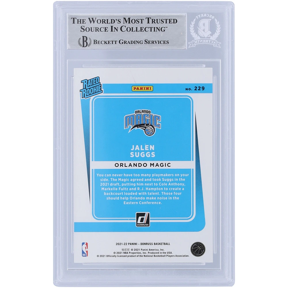 Jalen Suggs Orlando Magic Autographié 2021-22 Panini Donruss Rated Rookie #229 Beckett Fanatics a été témoin d'une carte de recrue authentifiée avec l'inscription « Go Magic »