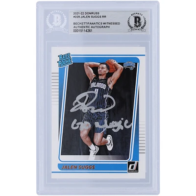 Jalen Suggs Orlando Magic Autographié 2021-22 Panini Donruss Rated Rookie #229 Beckett Fanatics a été témoin d'une carte de recrue authentifiée avec l'inscription « Go Magic »