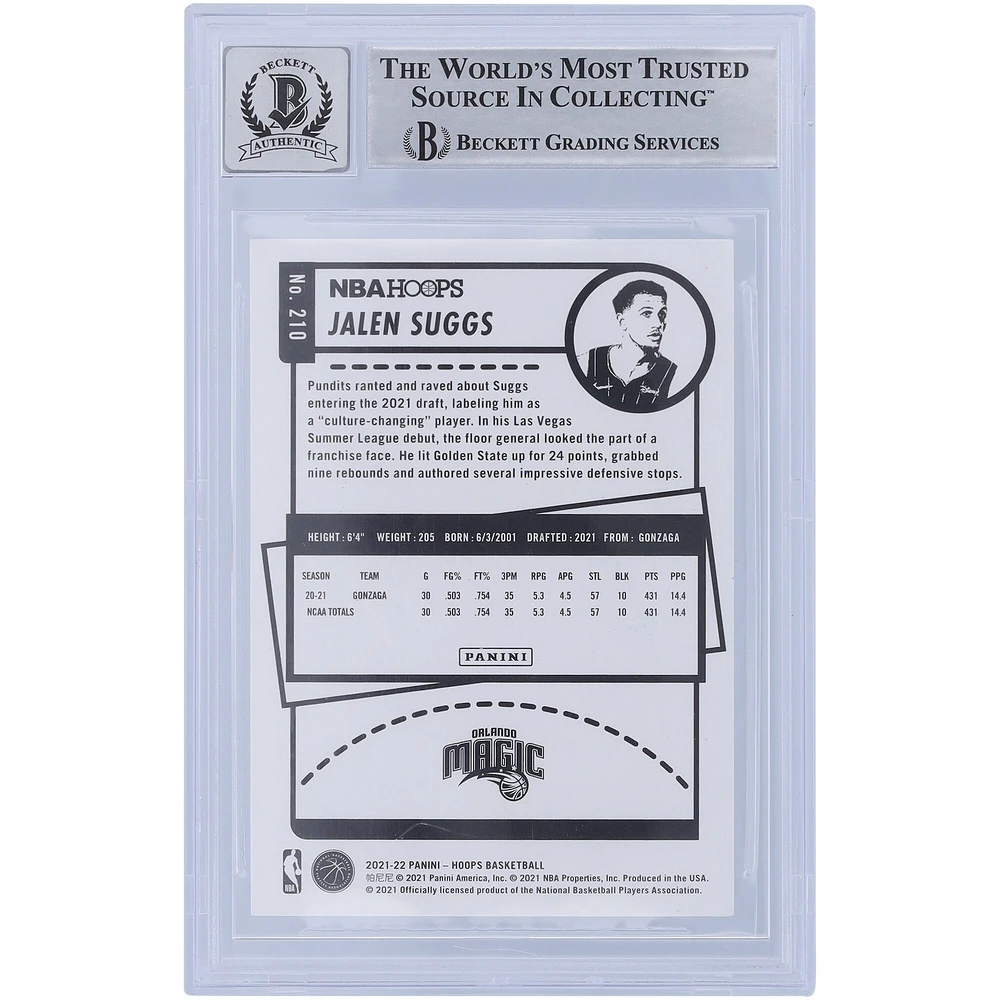 Jalen Suggs Orlando Magic Autographed 2021-22 Panini NBA Hoops #210 Beckett Fanatics Witnessed Authenticated 10 Rookie Card with "2021 #5 Pick" Inscription