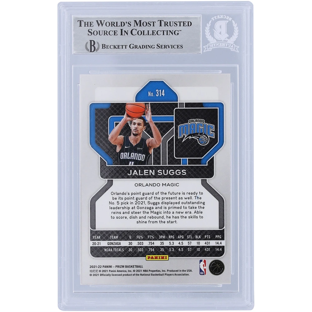 Jalen Suggs Orlando Magic Autographié 2021-22 Panini Prizm #314 Beckett Fanatics a été témoin d'une carte de recrue authentifiée avec l'inscription "2021 #5 Pick"