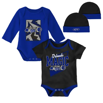 Orlando Magic Mitchell & Ness Newborn Infant 3-Piece Hardwood Classics Bodysuits Cuffed Knit Hat Set - Black/Blue