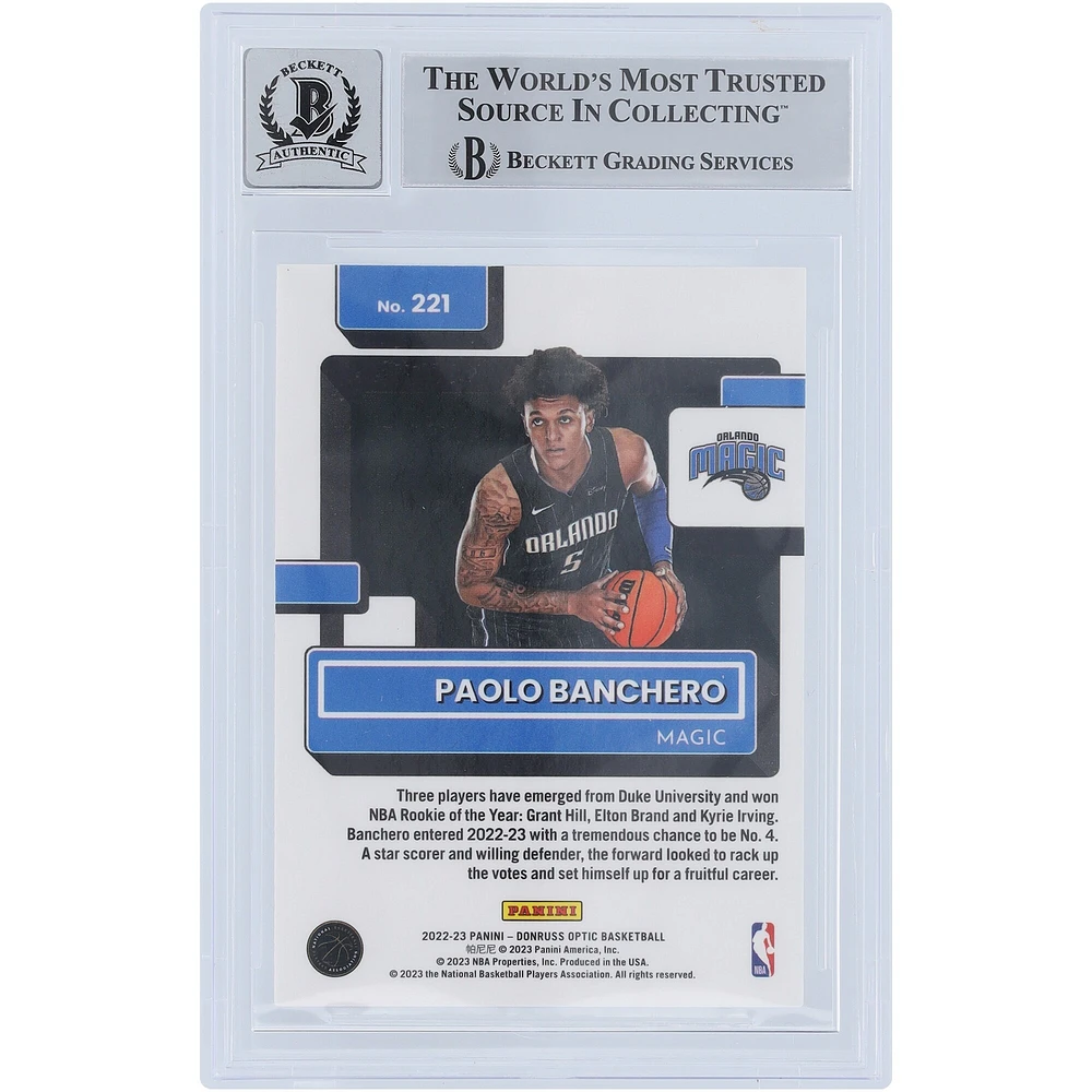 Carte de recrue autographiée 2022-23 Panini Donruss Optic de Paolo Banchero Orlando Magic classée Rookie #221 Beckett Fanatics Witnessed Authenticated 10 Rookie