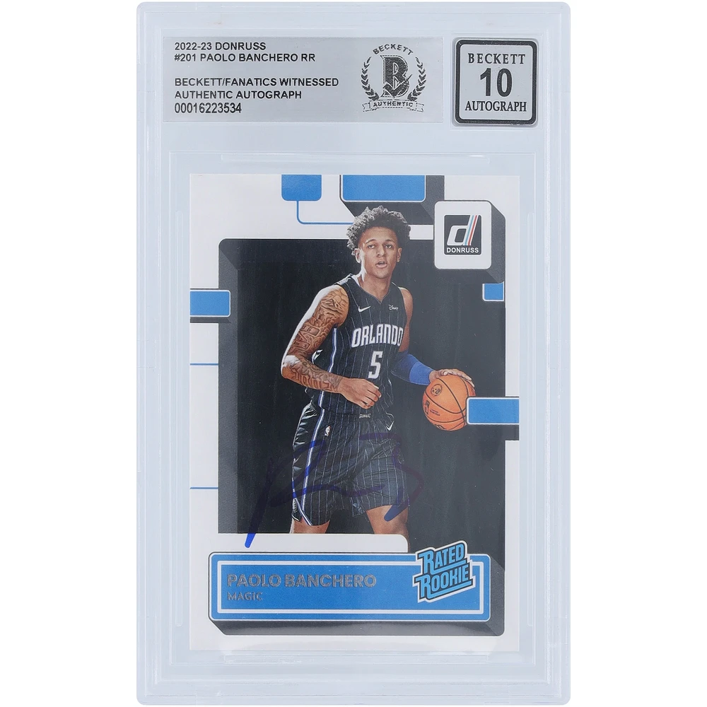 Carte de recrue authentifiée 10 de Beckett Fanatics 2022-23 autographiée par Paolo Banchero Orlando Magic, classée Rookie #201 par Panini Donruss