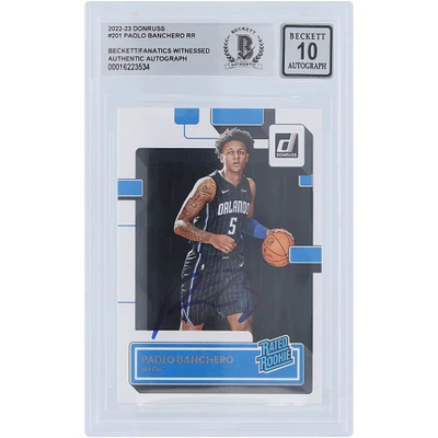Carte de recrue authentifiée 10 de Beckett Fanatics 2022-23 autographiée par Paolo Banchero Orlando Magic, classée Rookie #201 par Panini Donruss