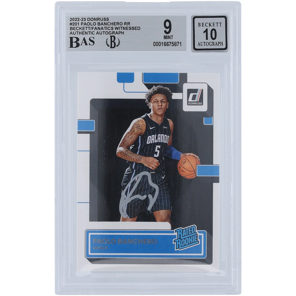 Carte de recrue 9/10 authentifiée 2022-23 Panini Donruss Rated Rookie de Paolo Banchero Orlando Magic, encre argentée n° 201 Beckett Fanatics Witnessed