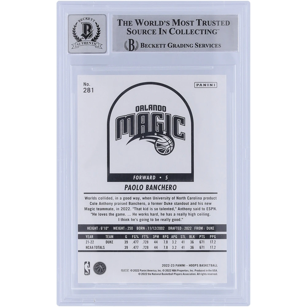 Carte de recrue 9/10 authentifiée 2022-23 Panini Hoops #281 Beckett Fanatics Witnessed 2022-23 Autographiée par Paolo Banchero Orlando Magic
