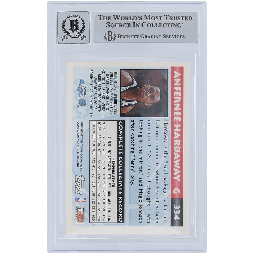 Penny Hardaway Orlando Magic Autographed 1993-94 Topps #334 Beckett Fanatics Witnessed Authenticated 10 Rookie Card 