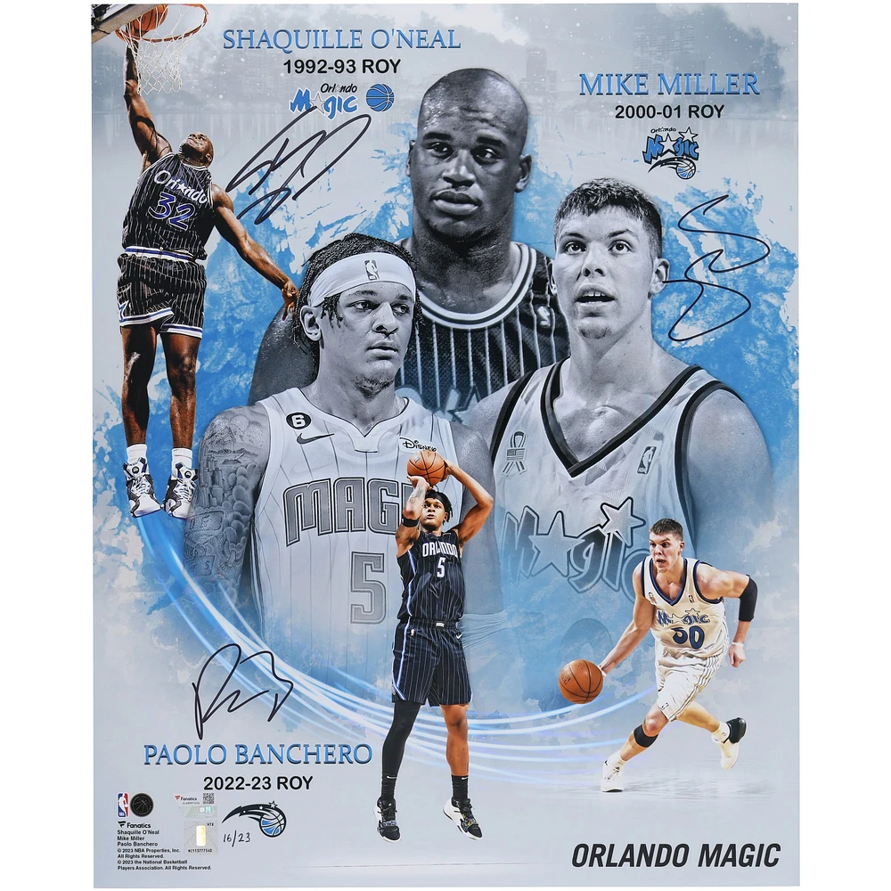 Shaquille O'Neal, Paolo Banchero et Mike Miller Orlando Magic Collage ROY signé à plusieurs reprises, 16" x 20" - Édition limitée à 23 exemplaires
