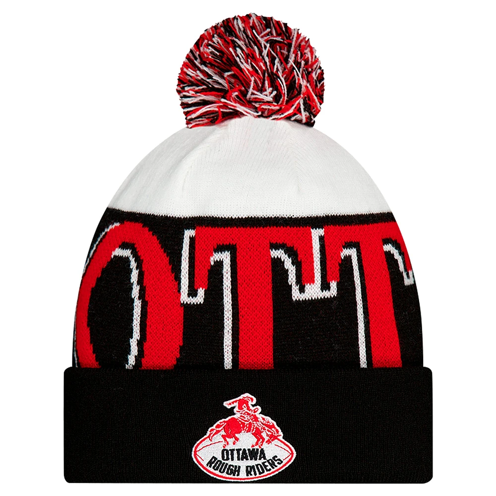 Bonnet en tricot à revers et pompon Turf Traditions Ottawa Redblacks noir New Era pour homme