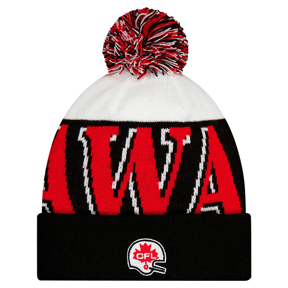 Bonnet en tricot à revers et pompon Turf Traditions Ottawa Redblacks noir New Era pour homme