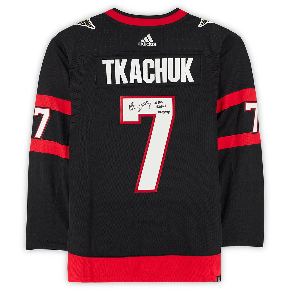 Maillot adidas authentique autographié par Brady Tkachuk des Sénateurs d'Ottawa avec l'inscription « NHL Debut 10/8/18 »