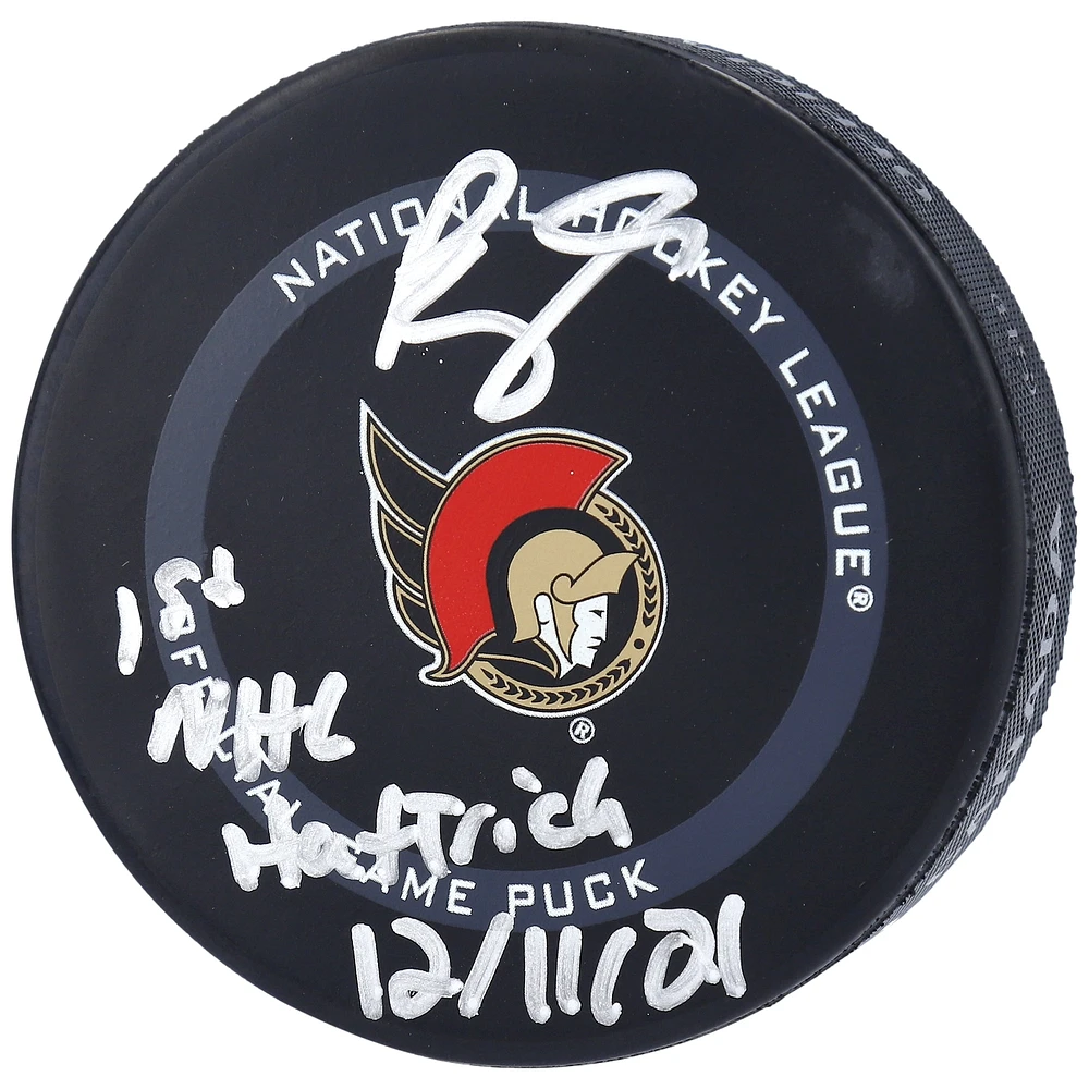 Rondelle de match officielle autographiée par Brady Tkachuk des Sénateurs d'Ottawa, modèle 2021, avec l'inscription « 1st NHL Hat Trick 12/ 11/21 »