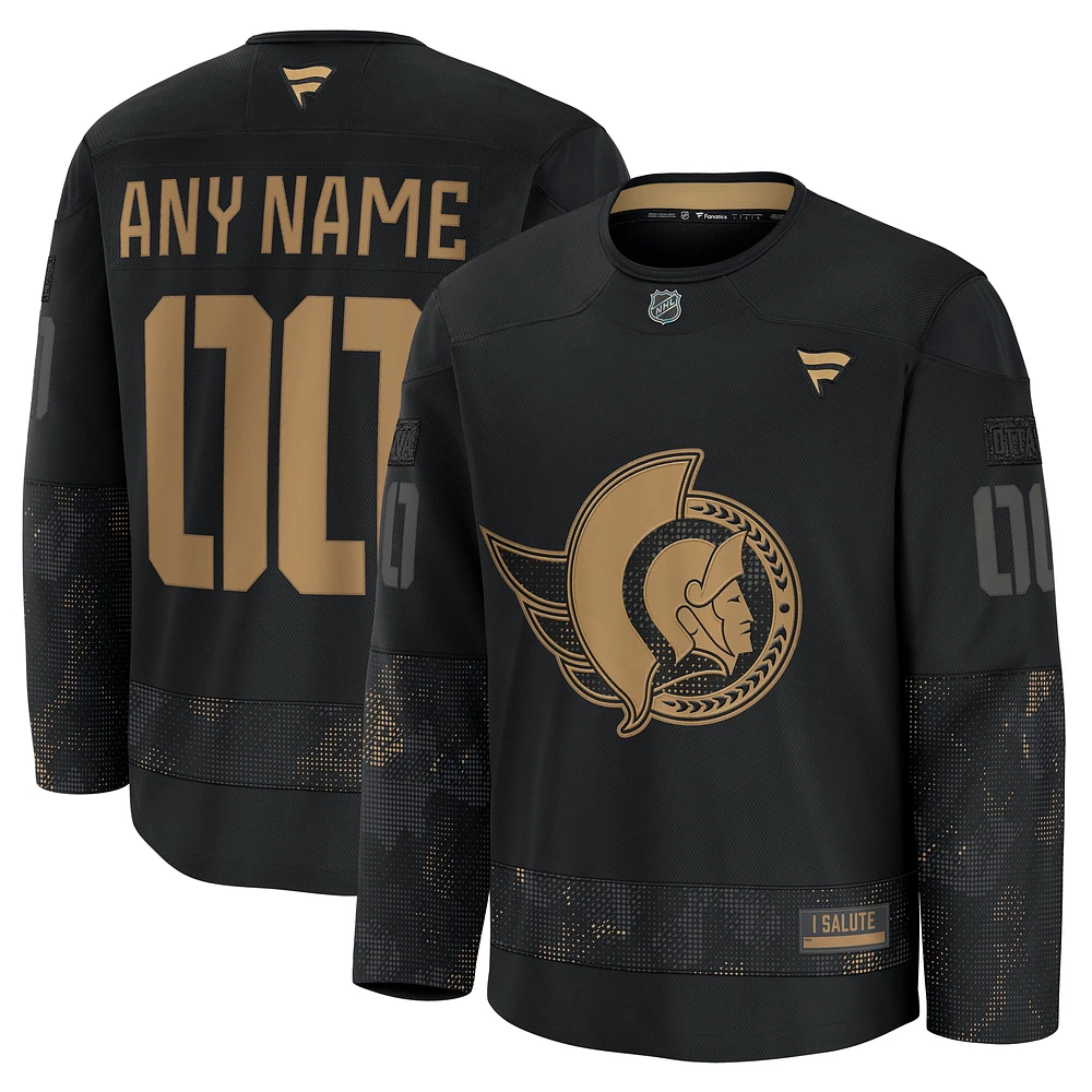 Maillot d'entraînement personnalisé d'appréciation militaire 2024 Fanatics pour hommes des Sénateurs d'Ottawa noirs