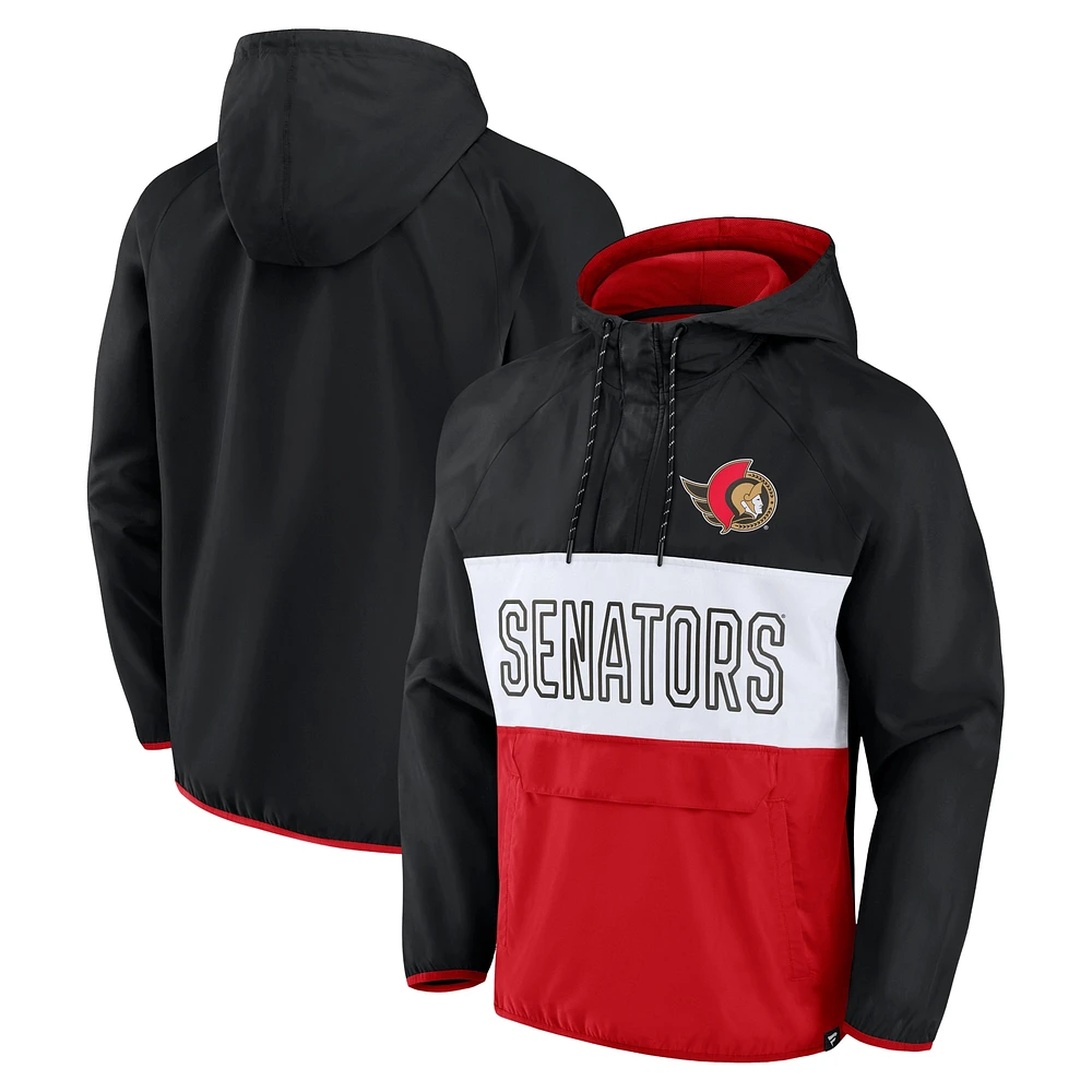 Men's Fanatics Black/Red Ottawa Senators Backhand Shooter Defender Anorak Raglan Hoodie Quarter-Zip Jacket