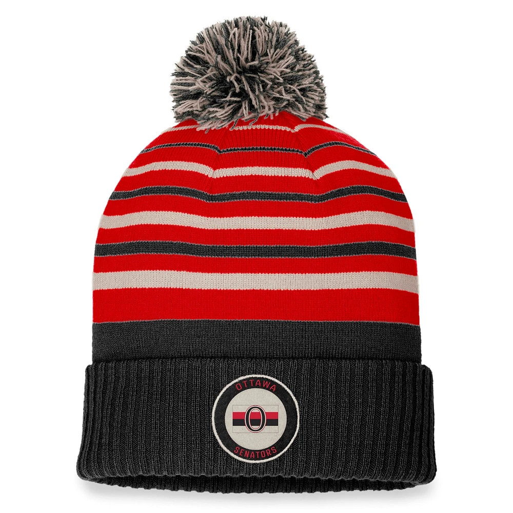 Bonnet en tricot à revers rétro classique avec pompon Fanatics pour hommes, noir/rouge, Sénateurs d'Ottawa