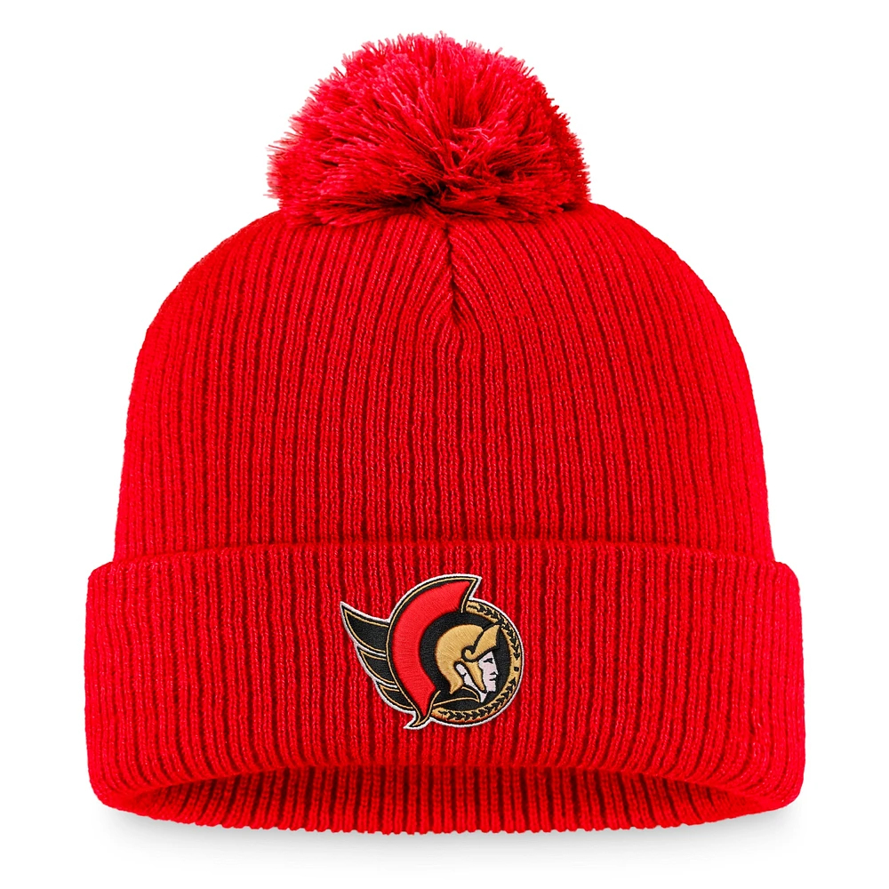 Bonnet en tricot à revers avec logo principal Fanatics Red Ottawa Senators Core pour hommes avec pompon