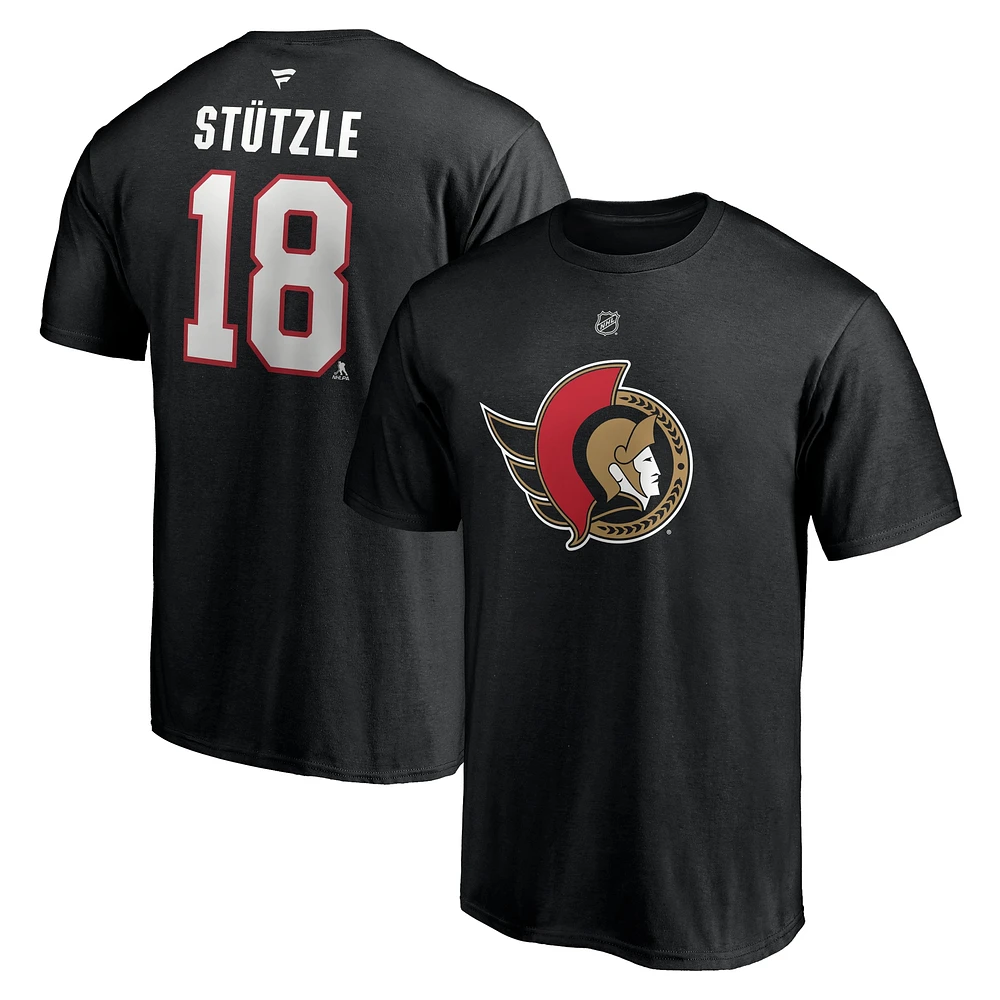 T-shirt noir authentique avec nom et numéro Stack pour hommes Fanatics Tim Stutzle, logo des Sénateurs d'Ottawa