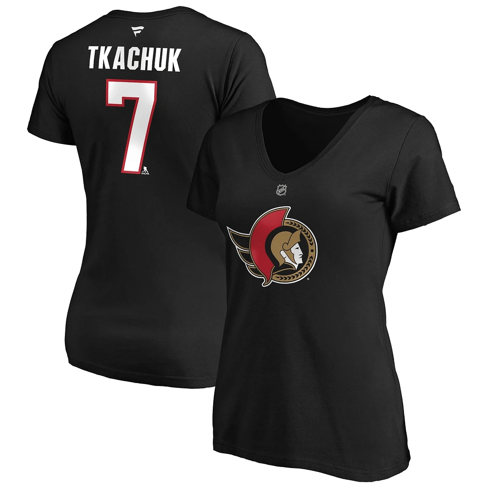 T-shirt à encolure en V authentique avec nom et numéro Brady Tkachuk de marque Fanatics pour femmes, noir