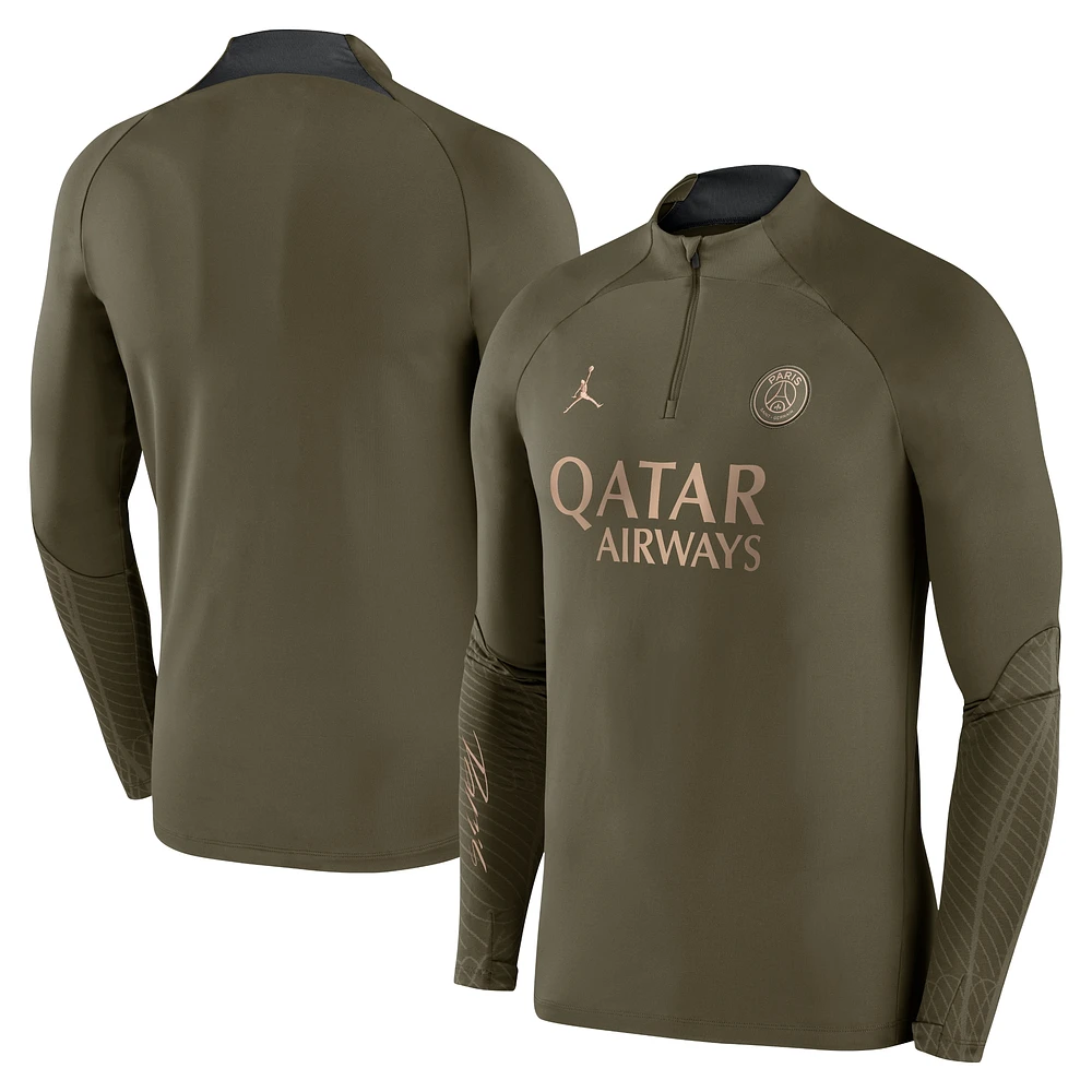 Men's Jordan Brand Olive Paris Saint-Germain 2023/24 Fourth Strike Drill Performance Quarter-Zip Long Sleeve Top