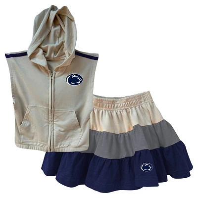 Girls Toddler Wes & Willy Tan Penn State Nittany Lions Tri-Blend Sleeveless Full-Zip Hoodie Tiered Skirt Set