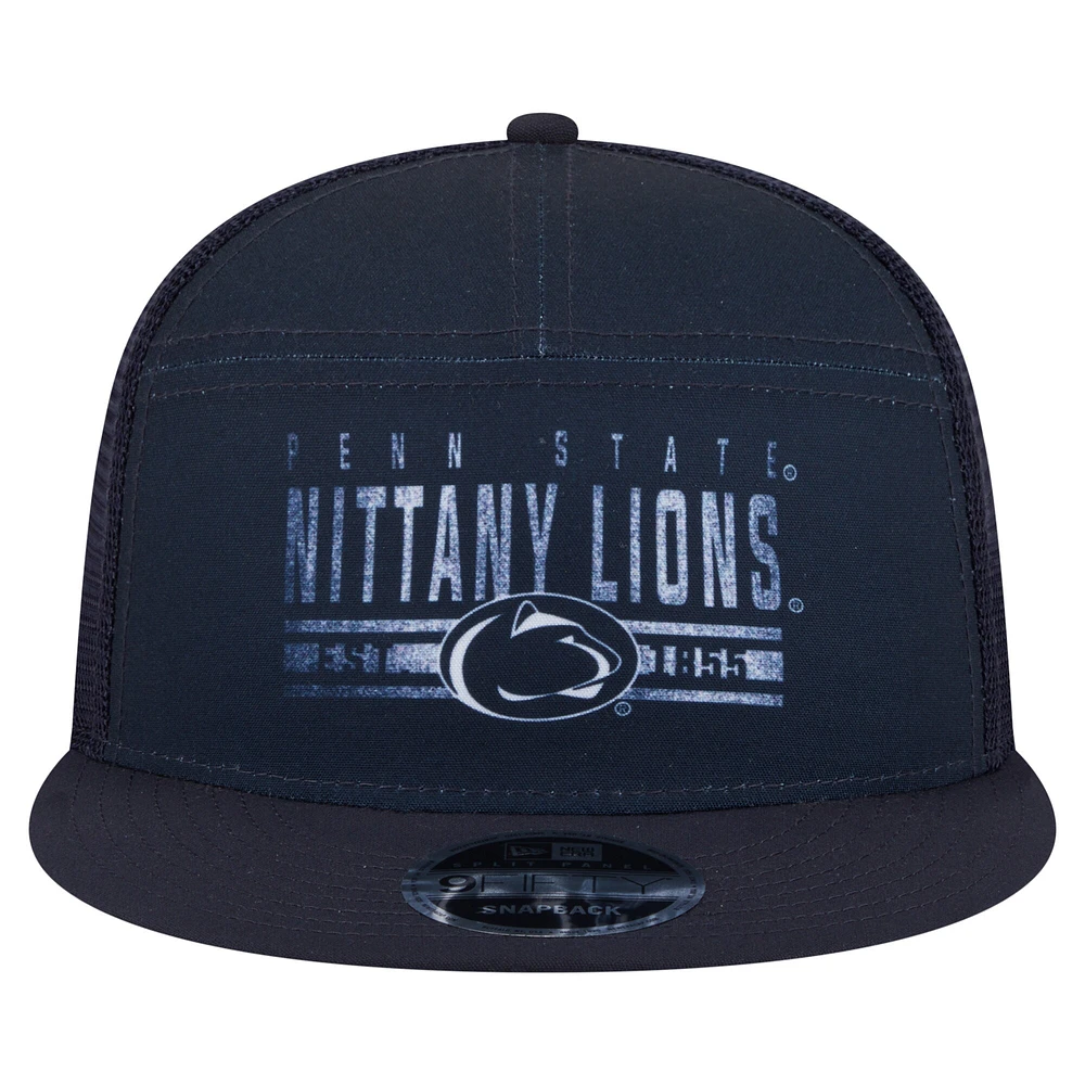 Men's New Era Navy Penn State Nittany Lions Split Panel 9FIFTY Snapback Trucker Hat