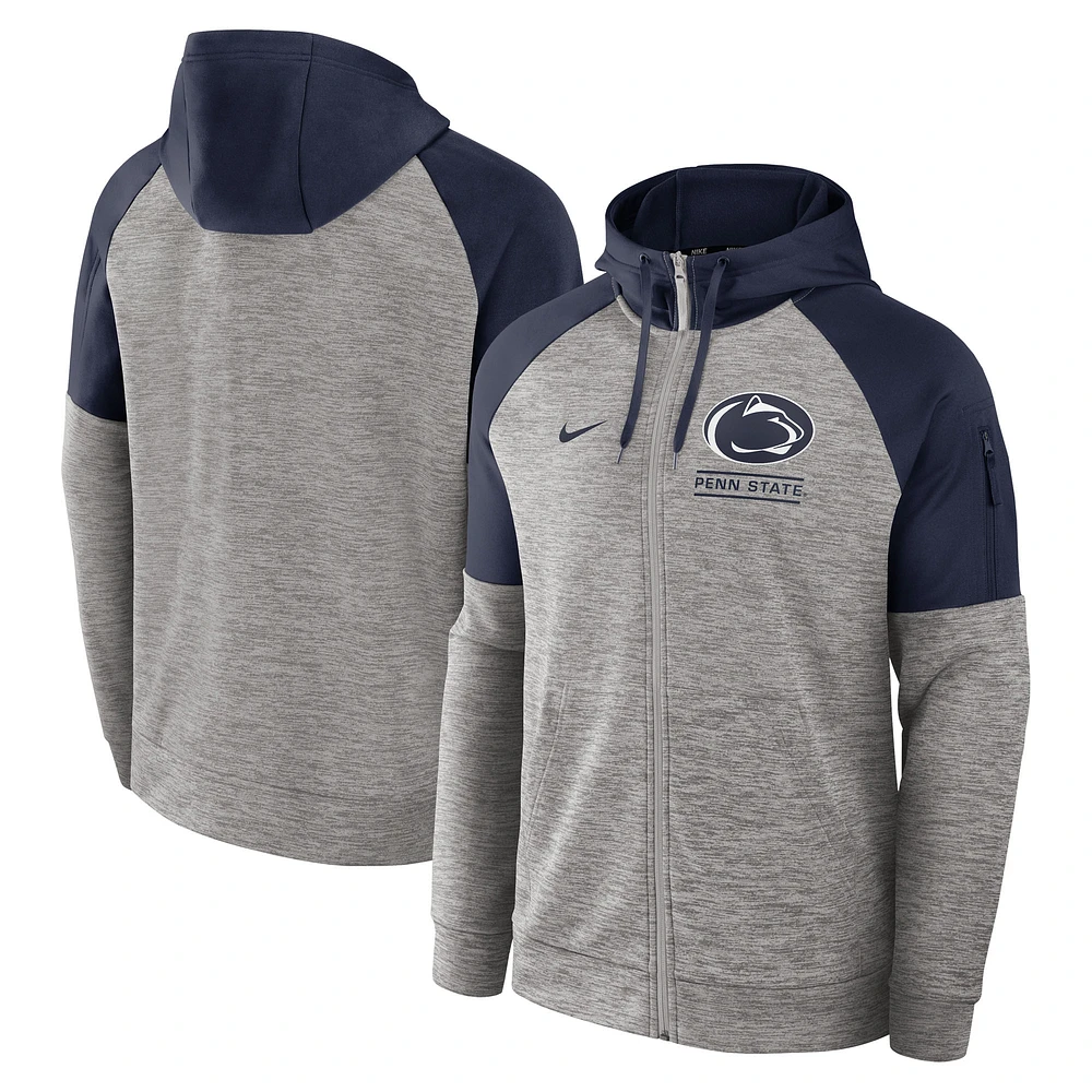 Sweat à capuche Nike Heather Grey Penn State Nittany Lions Fitness Raglan Performance entièrement zippé pour homme