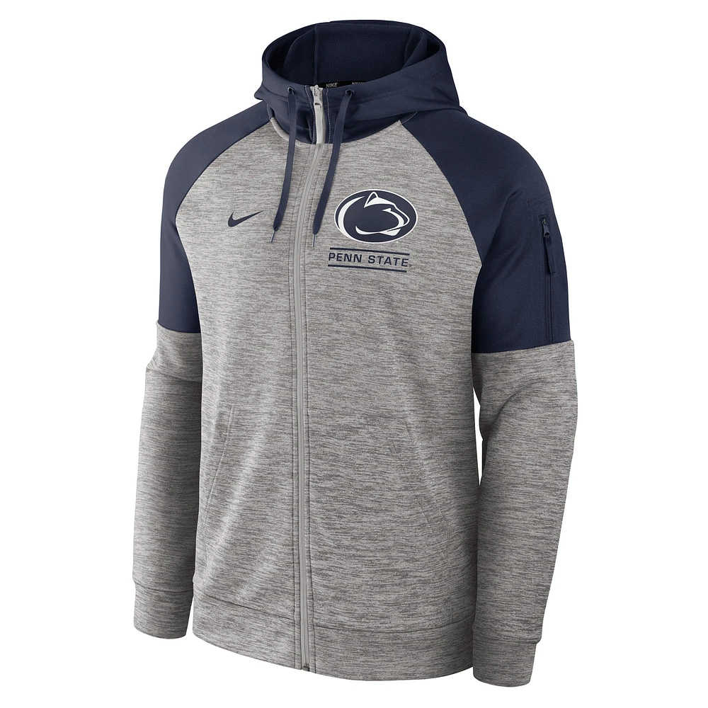 Sweat à capuche Nike Heather Grey Penn State Nittany Lions Fitness Raglan Performance entièrement zippé pour homme