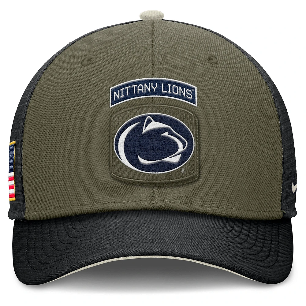 Men's Nike Olive/Black Penn State Nittany Lions 2024 Military Appreciation Rise Trucker Adjustable Hat