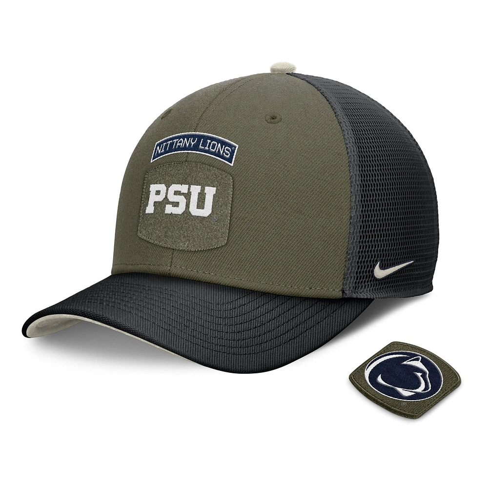 Men's Nike Olive/Black Penn State Nittany Lions 2024 Military Appreciation Rise Trucker Adjustable Hat