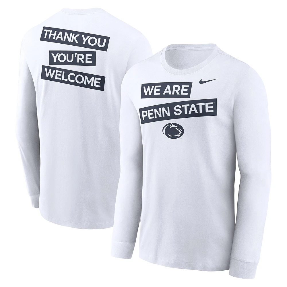 T-shirt Nike blanc à manches longues pour homme, Penn State Nittany Lions, motif classique deux coups