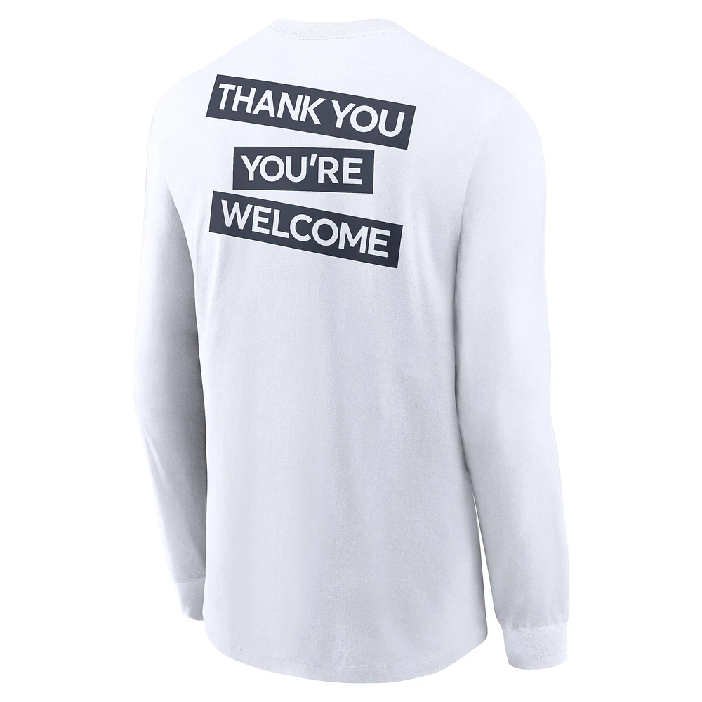 T-shirt Nike blanc à manches longues pour homme, Penn State Nittany Lions, motif classique deux coups