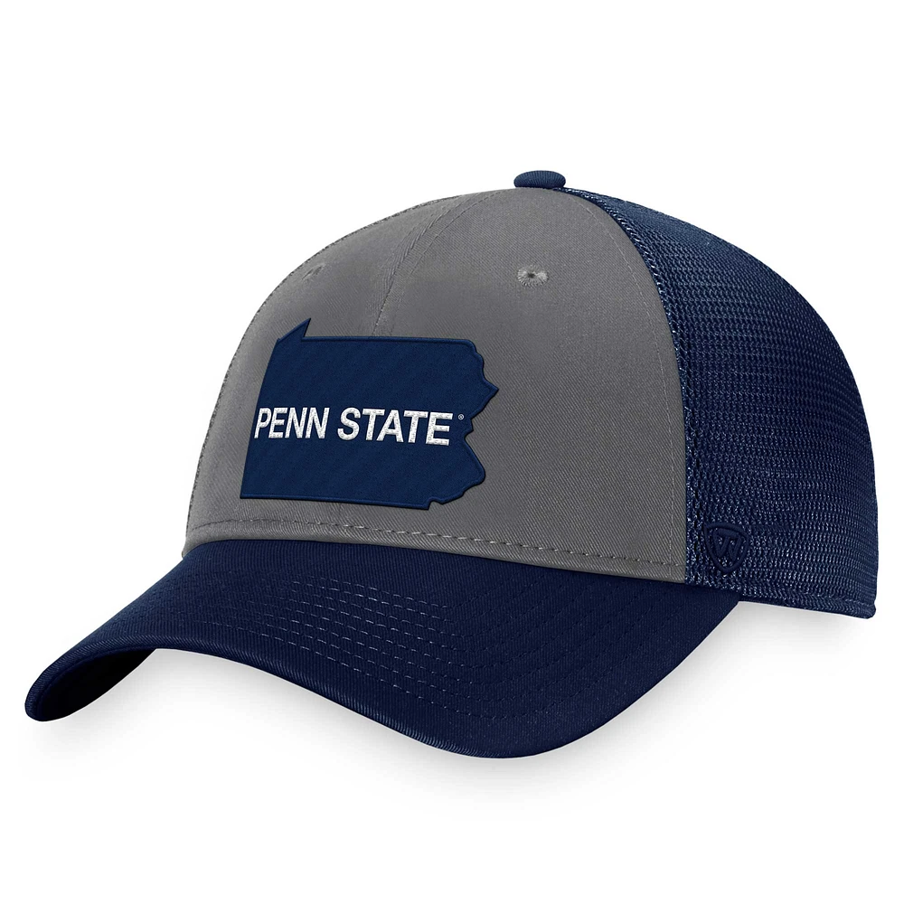 Casquette ajustable Penn State Nittany Lions Origins Trucker bleu marine/gris Top of the World pour homme