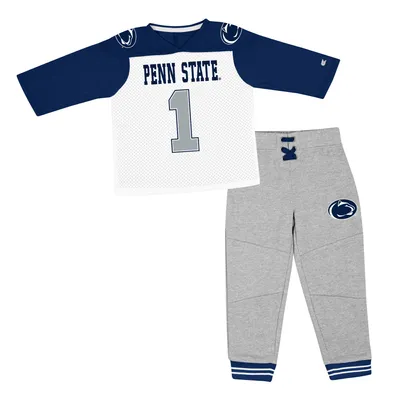 Penn State Nittany Lions Colosseum Toddler Jingtinglers Football V-Neck Jersey T-Shirt & Pants Set - Navy/Heather Gray