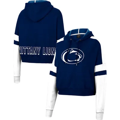 Penn State Nittany Lions Colosseum Women's Throwback Stripe Arch Logo Cropped Pullover Hoodie - Heather Navy