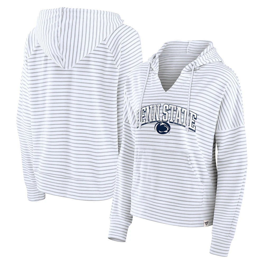 Women's Fanatics White/Gray Penn State Nittany Lions Arch Logo Striped Notch Neck Pullover Hoodie