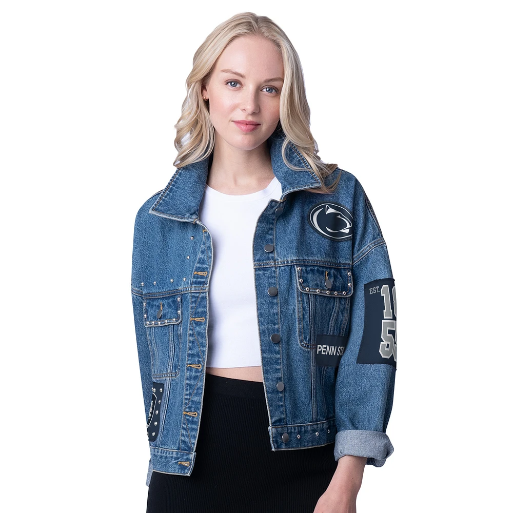 Veste en jean pour femme G-III 4Her de Carl Banks avec patchs et clous balle jeu Penn State Nittany Lions