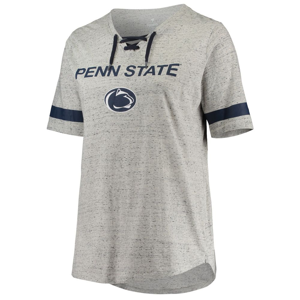 Women's Heathered Gray/Navy Penn State Nittany Lions Plus Lace-Up V-Neck T-Shirt